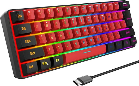 Snpurdiri 60% Wired Gaming Keyboard,True RGB Small Compact 61 Keys Mini Keyboard for PC/Mac Gamer, Typist, Travel, Easy to Carry on Business Trip(Black-Red)