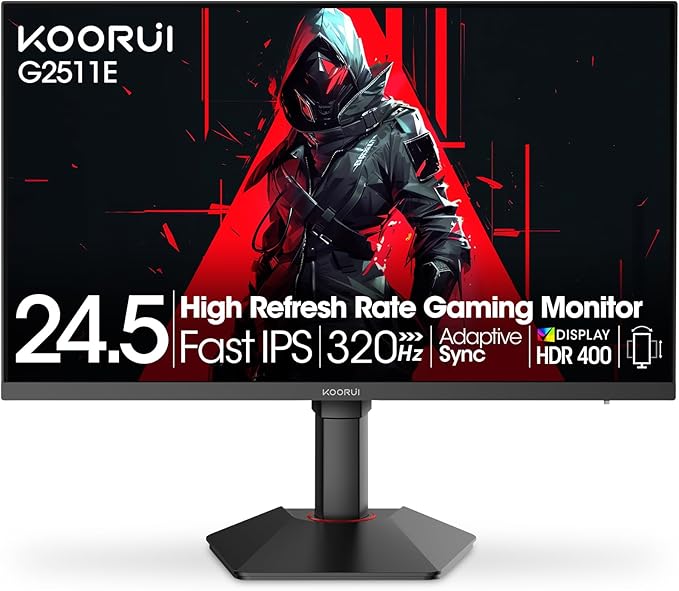 KOORUI 24.5 Inch Gaming Monitor, 1ms, 320Hz Monitor, HDR400, 95% DCI-P3, IPS Display, Adaptive Sync Compatible, Tilt Vertical Height Adjustable, VESA Mount 75x75mm, HDMI & DisplayPor,G2511E