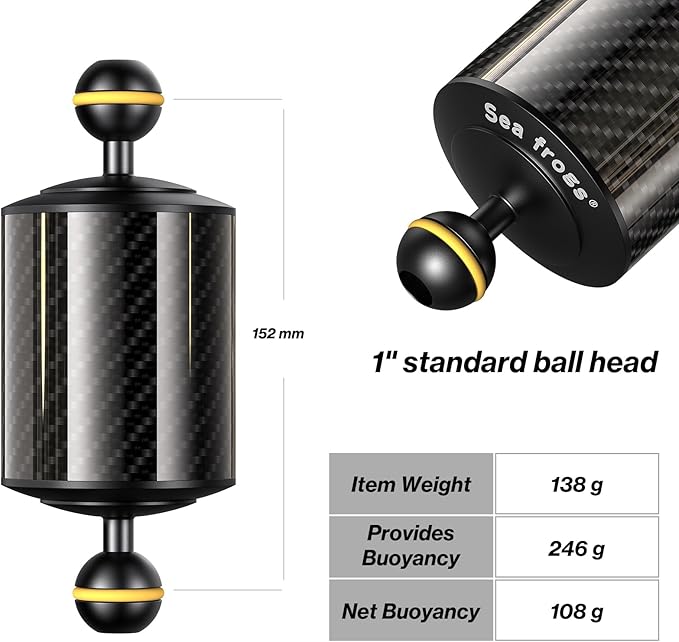 Sea frogs Carbon Fiber Float Arm D60mm, 7'', for Ultralight, Aquatic Arm, Buoyancy Provided 240g, Underwater Camera System Diving Tray Video Light/Strobe GA-5