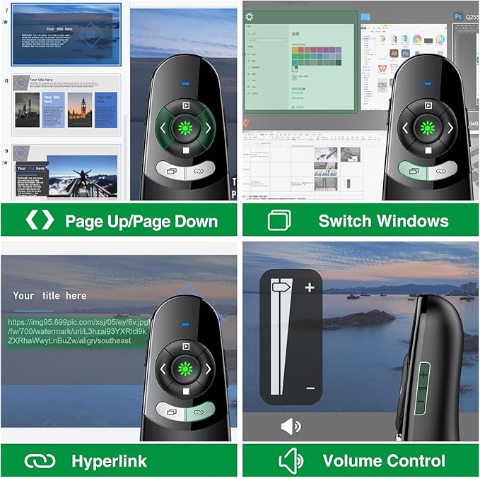 DINOSTRIKE USB A and USB C Presentation Clicker Green Light, RF 2.4GHz Wireless Presenter Remote Powerpoint Clicker Slide Advancer for Mac Laptop Computer Office Classroom