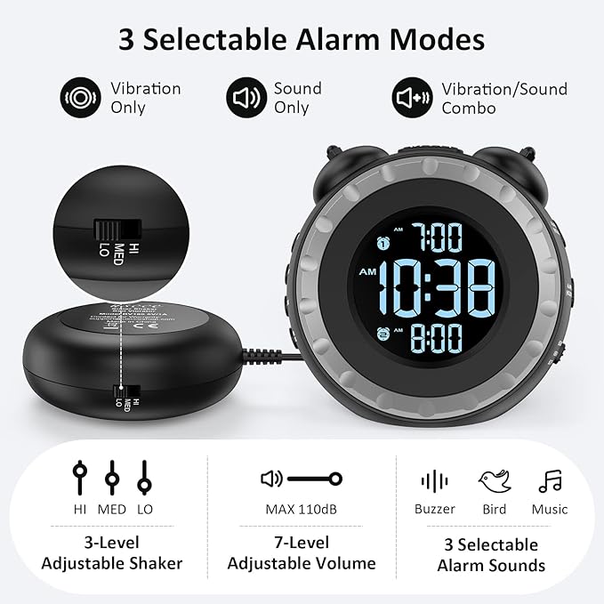 uscce Loud Dual Alarm Clock with Bed Shaker - 0-100% Dimmer, Vibrating Alarm Clock for Heavy Sleepers or Hearing Impaired, Easy to Set, USB Charging Port, Snooze, Battery Backup