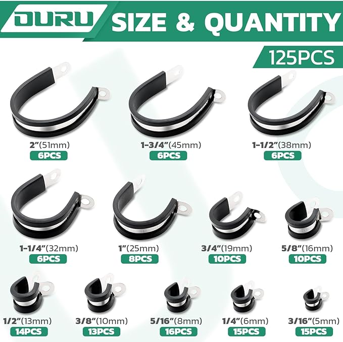 125PCS Cable Clamp,12 Sizes Stainless Steel Rubber Coated Cushioned Insulated Cable Clamps Assortment Kit-Metal Wire Clamps,Cable Clips,Pipe Clamps