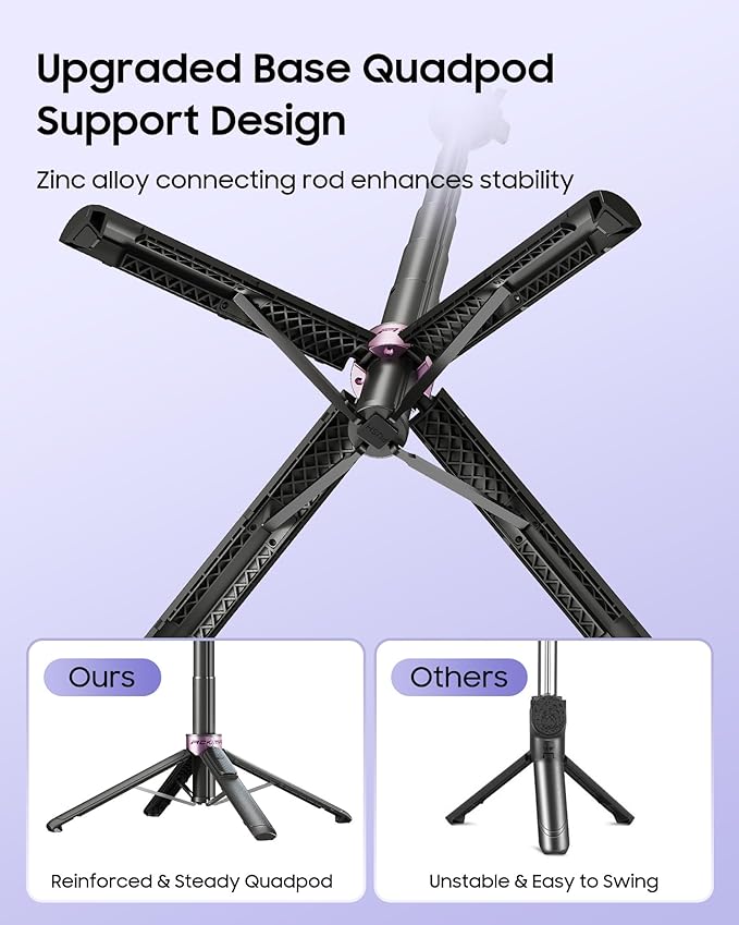 53'' Selfie Stick Tripod with Light, Enhanced 4-Leg Cell Phone Stand Camera Tripod with Rechargeable Wireless Remote & 2 Fill Light, Portable Selfie Stick Travel Essentials for iPhone Android