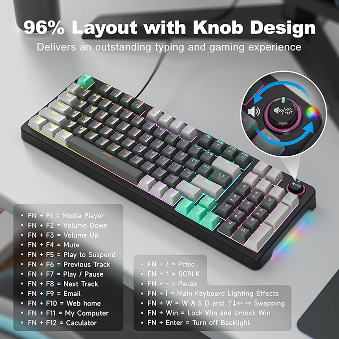 GEEZER Mechanical Gaming Keyboard with LED Backlit, Blue Switch, Volume Knob, 96 Keys Full Size Compact USB Wired Computer Keyboards for Office Windows Laptop PC & Mac Gamer - Grey & Black