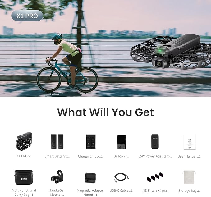 X1 PRO 4K Action Flying Camera, Foldable Drone with Camera with 42 KM/H Follow Speed, 10+ Fully Automatic Flight Modes, Fly Anywhere with OmniTerrain, SmoothCapture 2.0(Cycling Combo)