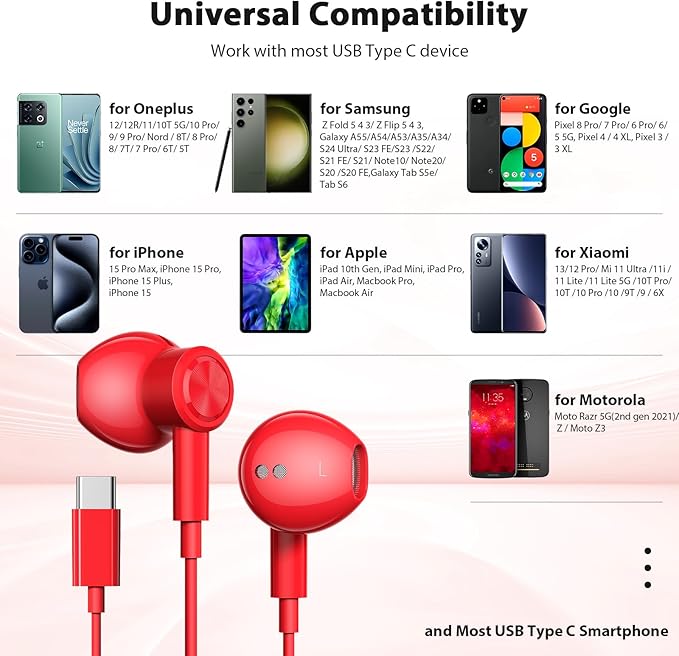 USB C Headphones with Mic for iPhone 17 Pro Max 16e 16 15, Type C Headphone Wired Earbuds HiFi Magnetic Sport Earphone for iPad mini Pro Air Samsung Flip 5 Fold 6 A55 Galaxy S25 S24 S23 FE OnePlus 9