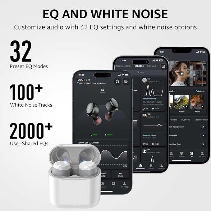 TOZO T6 Wireless Earbuds, IPX8 Waterproof Ear Buds, Stereo Bass Sound Bluetooth 5.3 Headphones in Ear, 50 Hours Playtime Earphones, Wireless Charging Case, Custom 32 EQ via APP