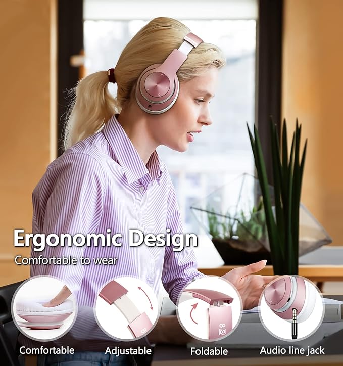 9S Over Ear Bluetooth Headphones, 60 Hours Playtime, Hi-Fi Stereo, Deep Bass, Microphone, Foldable, Rose Gold