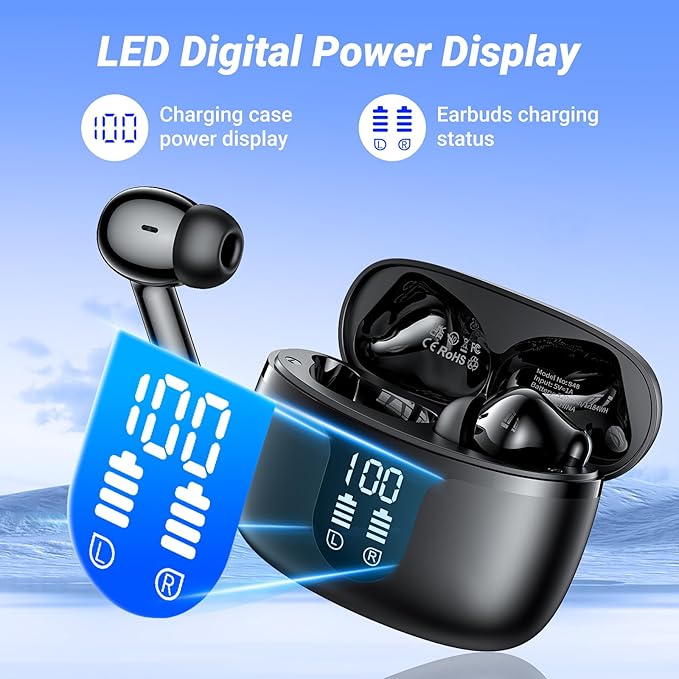 S48 wireless earbuds Headphones bluetooth 5.4 42h Duration Playback for running/fitness/office use. Equipped with 4 noise cancelling microphones, IPX6 waterproof and LDE battery display screen
