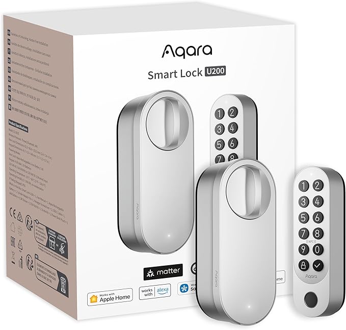 Aqara Smart Lock U200 (Fingerprint Keypad Included), Matter Over Thread, Keyless Entry Door Lock with Apple Home Key and Rechargeable Battery, Supports Apple Home, Alexa and SmartThings, Silver