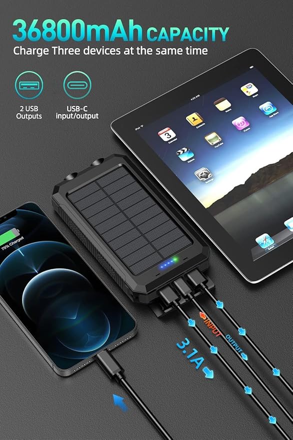 Power Bank,Solar Charger,36800mAh 5V3.1A QC 3.0 Dual 2 USB Port Built-in Powerful Flashlight IPX7(Black)