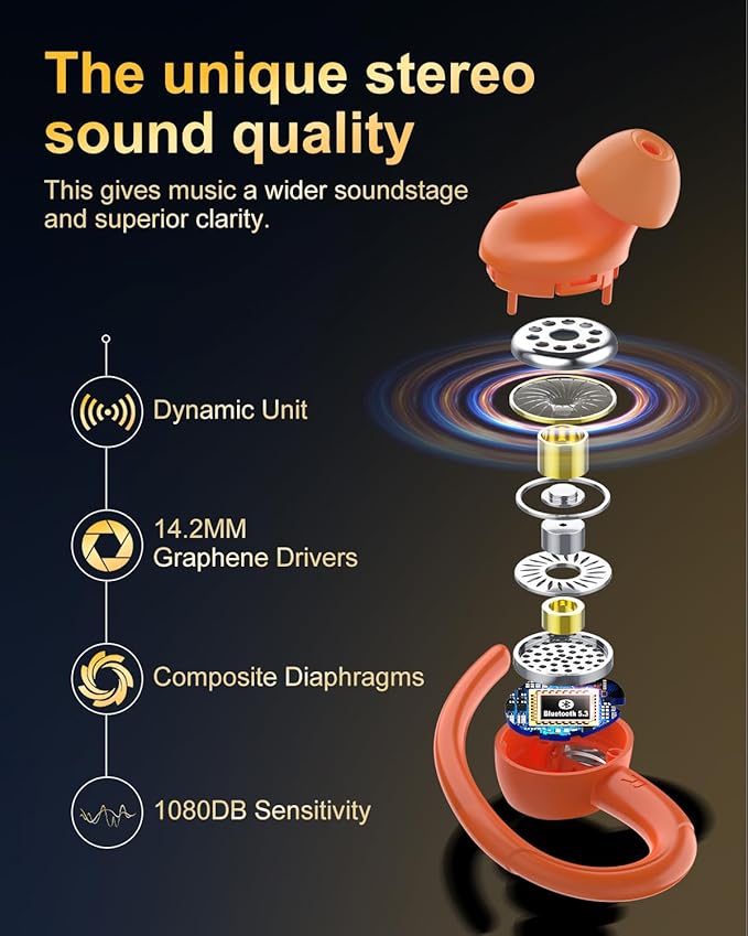 Wireless Earbuds, Bluetooth 5.4 Headphones Sport, Over Ear Buds With ENC Noise Cancelling Mic, 48H, Wireless Earphone With Earhooks, Stereo Deep Bass, IP7 Waterproof ear bud for Workout Running,Orange