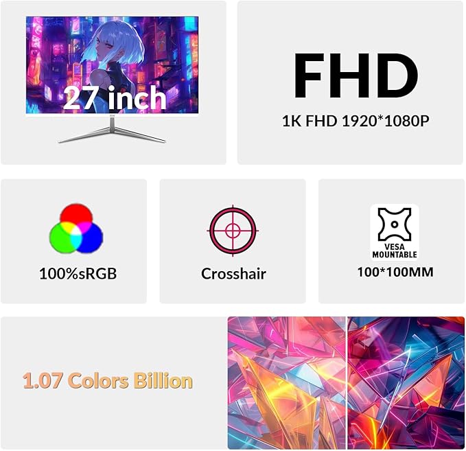ZZA 27 inch White Gaming Monitor,300Hz Curved Monitor,Full HD 1080P White Computer Monitor,Eye-Care Display with HDMI,DP,FreeSync,Wall Mountable for Gaming and Office