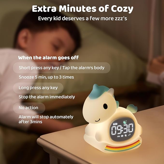 Alarm Clock with Night Light for Kids with Sleep Training and Sound Machine, Rechargeable Silicone Lamp OK to Wake Clock，Cute Animal Tabletop Lamp, Perfect Sleep Companion for Boys Girls，Blue Pony