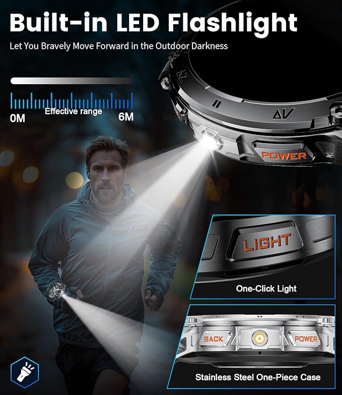 LIGE Military Smart Watch for Men iPhone Android 1.43" HD Amoled Rugged 120+ Sport Modes IP68 Waterproof Answer/Make Call Fitness Running Heart Rate Blood Pressure Health Mens Smartwatch EF6-E