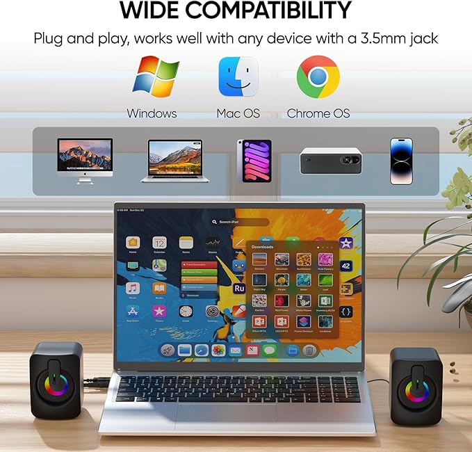 MELOGAGA RGB Computer Speakers, USB-Powered PC Speakers with 7-Color LED Backlight, 3.5mm Aux Compact Soundbar for Desktop, Laptop, Tablet – Crisp Audio & Space-Saving Design