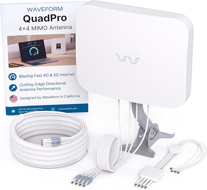 Waveform QuadPro 4x4 MIMO Signal Boosting Panel Antenna Kit | External Antenna for 4G/5G Routers & Gateways | for T-Mobile Home Internet, Verizon, AT&T (Complete Kit w/ 20' Cable & Window Entry)