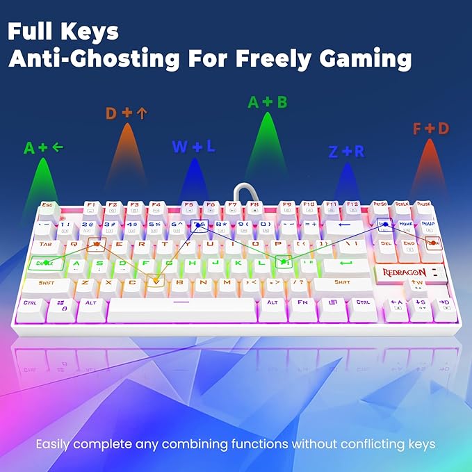 Redragon K552 Mechanical Gaming Keyboard, 87-Key Compact, LED Gaming Keyboard with Red Switches, Anti-Ghosting, Metal Frame for PC Gaming & Typing, Beginner-Friendly (White)