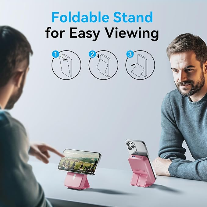 for Magsafe Battery Pack, 10000mAh Wireless Portable Charger with 20W USB-C Fast Charging, Foldable Stand & LED Display Magnetic Power Bank, Compatible with iPhone 16/15/14/13/12 All Series-Pink