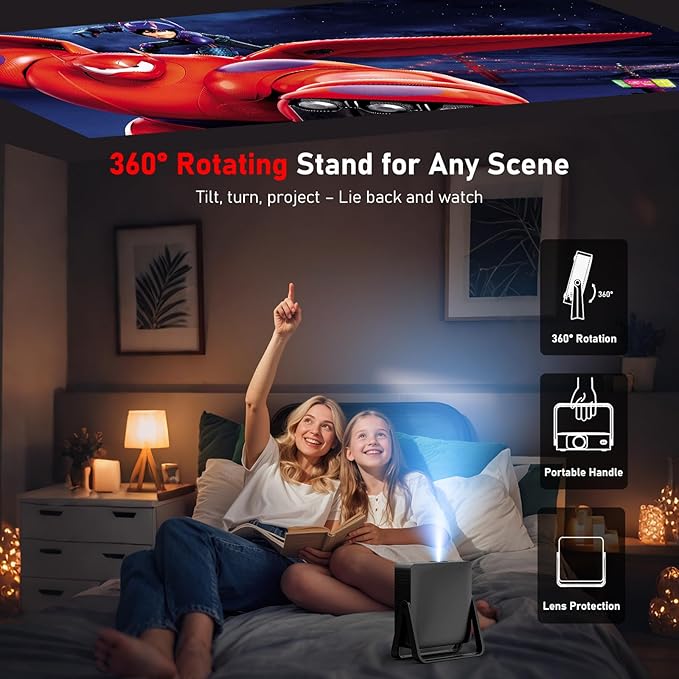 [Ultra-Slim 1.97"| Netflix Licensed | AI Auto Focus | 360° Stand] Smart Mini Projector with WiFi 6 & Bluetooth, Built-in Netflix/YouTube/Disney+/Hulu, DBPOWER N5 Movie Projector for Bedroom (Black)