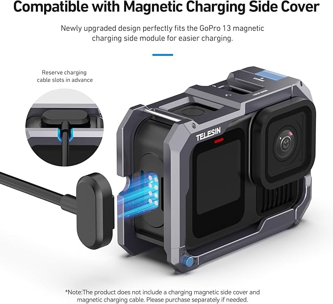 TELESIN Upgraded Aluminum Alloy Cage Frame Housing for Go Pro 13 12 11 10 9 Black, Supports Go Pro 13 Quick-Release System & Magnetic Charging, with 1/4" Thread & Cold Shoe for Video Light Microphone