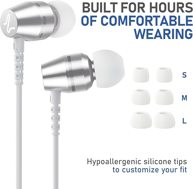 LUDOS OMNITONE Wired Earbuds in-Ear Headphones, 5 Years Warranty, Earphones with Microphone, 3.5 mm Jack Corded Ear Buds, Videoconference for iPhone, Samsung, Laptop, Kids, School Students - White