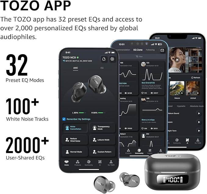 TOZO Hybrid Active Noise Cancelling Wireless Earbuds, 6 Mics ENC Clear Call, IPX8 Waterproof, in Ear Bluetooth 5.3 Headphones Stereo Bass Ear Buds 59H Playtime with LED Display 32 EQs via APP