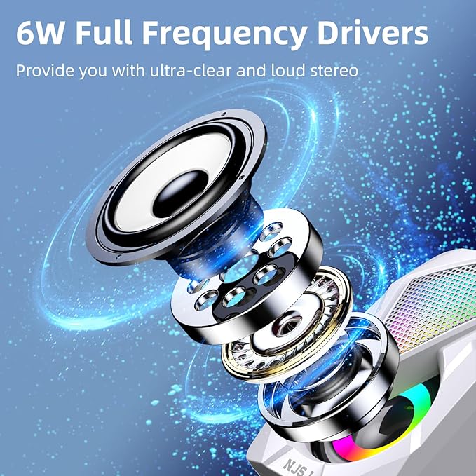 NJSJ Computer Speakers for Desktop, USB-Powered Stereo 2.0 PC Speakers, Portable Small Speaker for Laptop Monitor with 3.5mm Aux Input, Colorful LED Lights - White