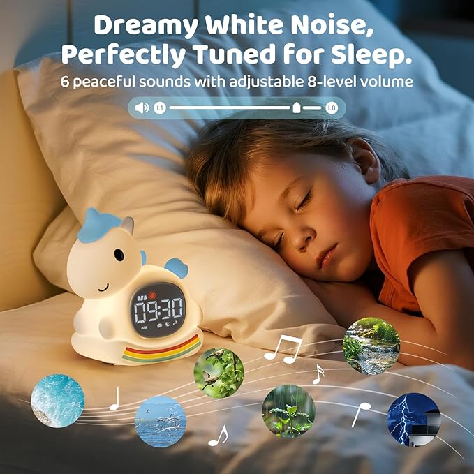 Alarm Clock with Night Light for Kids with Sleep Training and Sound Machine, Rechargeable Silicone Lamp OK to Wake Clock，Cute Animal Tabletop Lamp, Perfect Sleep Companion for Boys Girls，Blue Pony