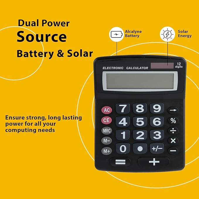 Lily' Home Jumbo 12 Digit, Solar Power, Large LCD Display - Desktop Calculator, Dual Power, Large Button Design, Battery Operation, Easy-to-Read Tilted, for Home, Office, School, Class & Business, 2PK