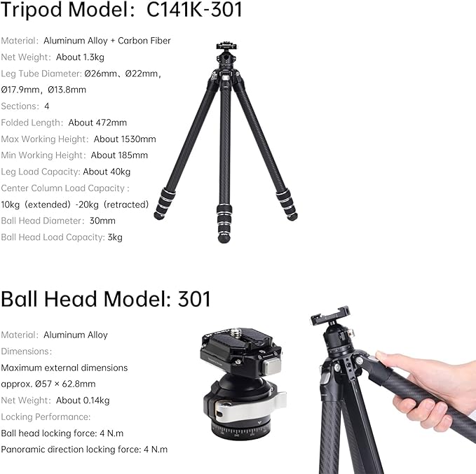 FALCAM TreeRoot Lite F38 Quick Lock Carbon Fiber Travel Tripod with Ball Head Load Capacity 3kg/6.6lbs, Max Vertical Payload 40Kg/88lbs for Cameras (C141K-301)