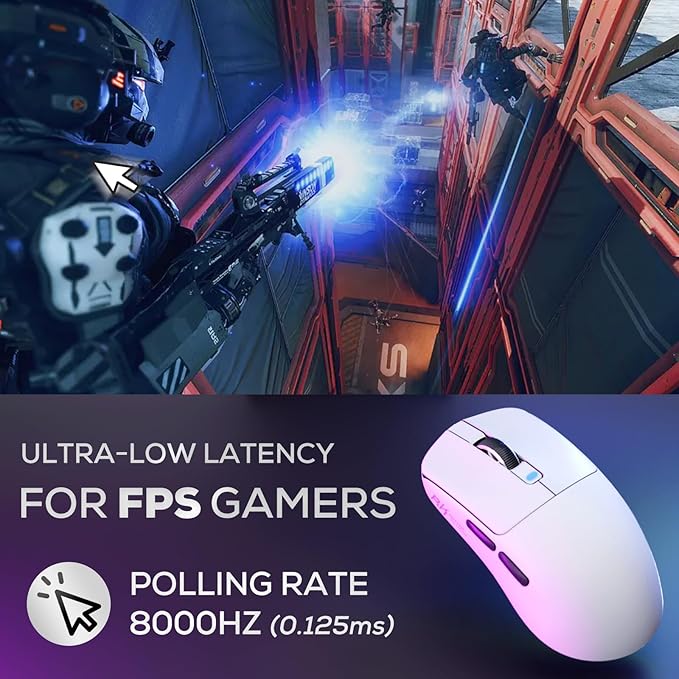 RK ROYAL KLUDGE RK M3 Gaming Mouse with 42000 DPI PAW3950 Optical Sensor 47g Lightweight Tri-Mode 2.4G/USB-C/Bluetooth Wireless Mouse 8000Hz Polling Rate with 5 Programmable Buttons White