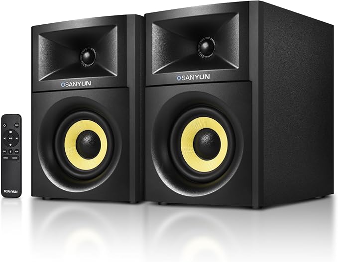 Sanyun SW205 4" Bookshelf Speakers | Immersive HiFi Audio with Virtual Surround | Flagship DAC/DSP Engine | Geometric Diffusion Cabinet | 80W, Bluetooth 5.4/Optical/AUX Inputs, Wireless Remote, Black