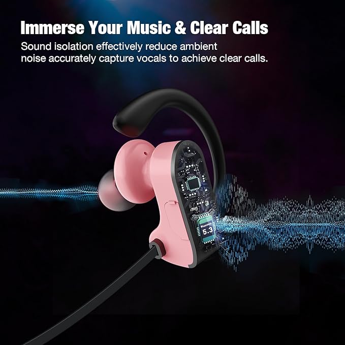 JOYWISE Bluetooth Headphones, Wireless Headphones 16H Playtime Wireless Earbuds with Mic Stereo in-Ear Earphones, IPX7 Waterproof Sports Ear Buds Sound Isolation Headsets for Running, Workout Pink