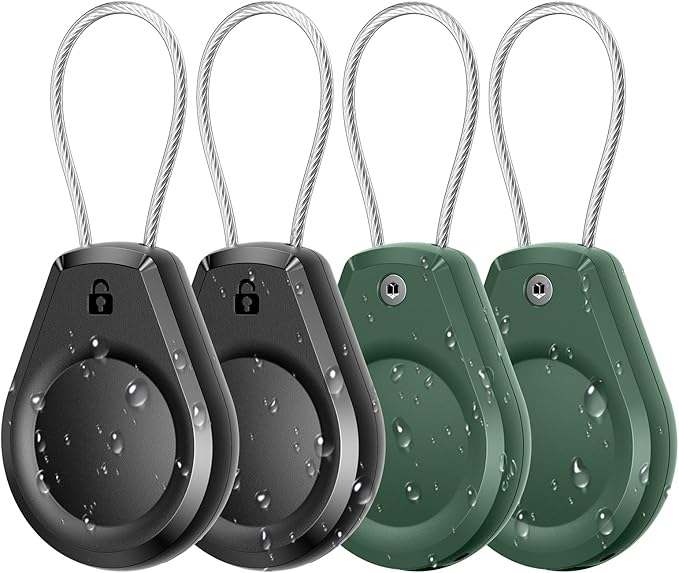Waterproof AirTag Keychain Holder - (4 Pack) Air tag Lock Case with Wire Cable Compatible with Apple AirTags, Ultra Durable Anti-Lost Protective Case for Luggage, Key, Backpack, Black/green