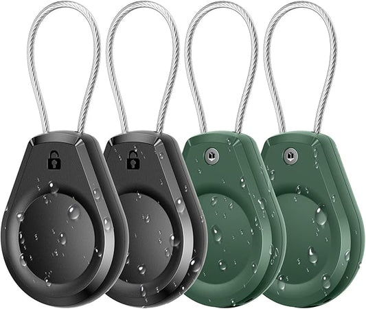Waterproof AirTag Keychain Holder - (4 Pack) Air tag Lock Case with Wire Cable Compatible with Apple AirTags, Ultra Durable Anti-Lost Protective Case for Luggage, Key, Backpack, Black/green