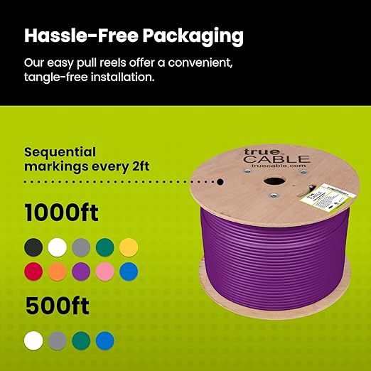 TRUE CABLE Cat6 Shielded Riser (CMR) Bulk Ethernet Cable, 1000ft, Purple, 23AWG Solid Bare Copper, 550MHz, Overall Aluminum Foil Shield (F/UTP), PoE++ 100W, ETL Listed