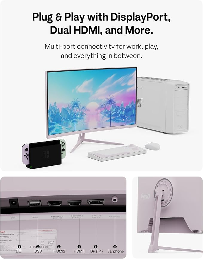 Pixio PXC279 Wave Pink 27 inch 300Hz Refresh Rate FHD 1080p Resolution 1650R Curved Fast VA Panel 1ms GTG Response Time Adaptive Sync HDR Curved Gaming Monitor