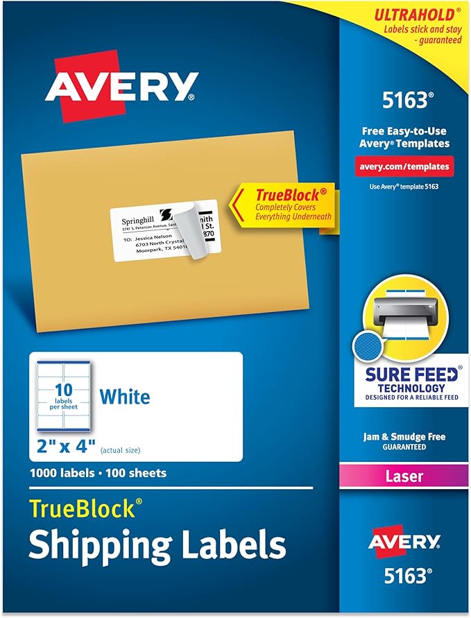 Avery Printable Shipping Labels with Sure Feed, 2" x 4" Customizable Stickers, White, 1,000 Blank Mailing Labels, Great for Mailing, Shipping, and More (5163)