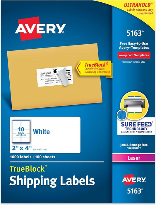 Avery Printable Shipping Labels with Sure Feed, 2" x 4" Customizable Stickers, White, 1,000 Blank Mailing Labels, Great for Mailing, Shipping, and More (5163)