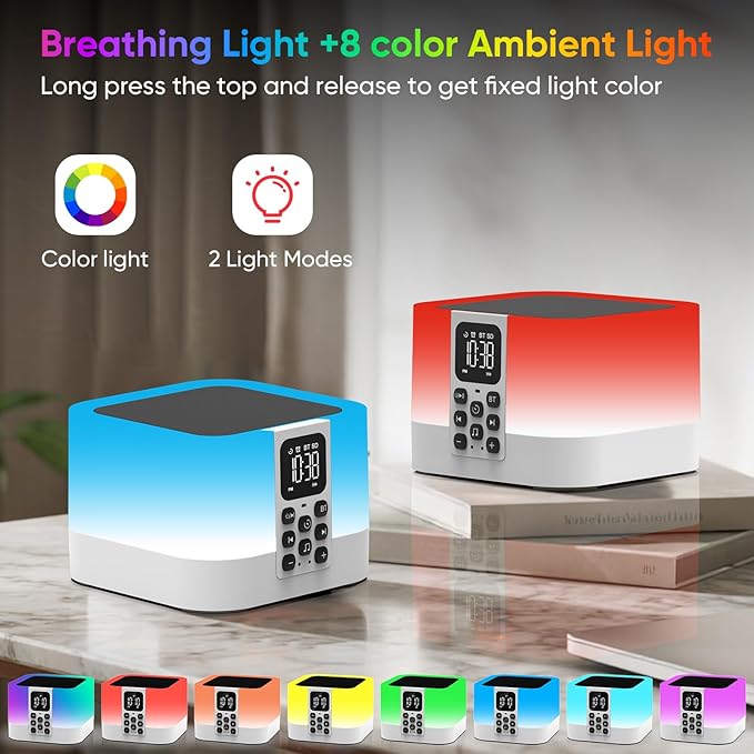 Night Light Bluetooth Speaker, Baby Nursery Night Lamp for Breastfeeding, Alarm Clocks for Kids, 30 Sounds Machine & Sleep Timer, Touch Bedside Lamp, 8 Color Changing, Gifts for Teens Boys