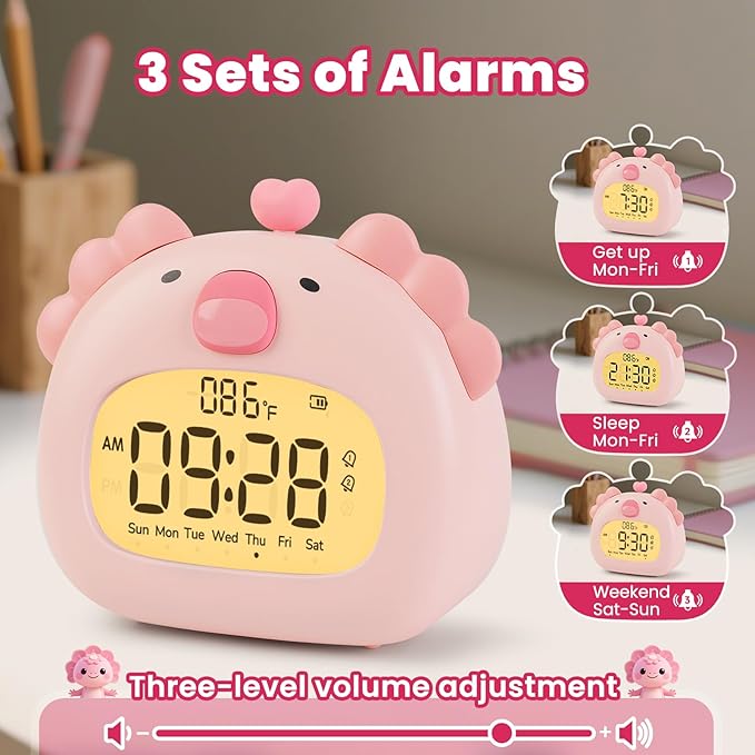 Axolotl Alarm Clock with Night Light for Kids – Cute Digital Sleep Trainer with LED Display, 3 Alarms, Countdown Timer, Adjustable Brightness – Rechargeable Bedside Clock for Boys and Girls