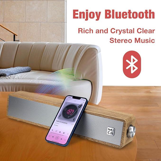 MICA Bluetooth Computer Speakers, Angled Wooden Computer Sound Bar, 3.5mm Aux-in Connection, Wired USB Powered PC Speakers for Desktop Monitor, Laptop, Tablet - Yellow (M30T)