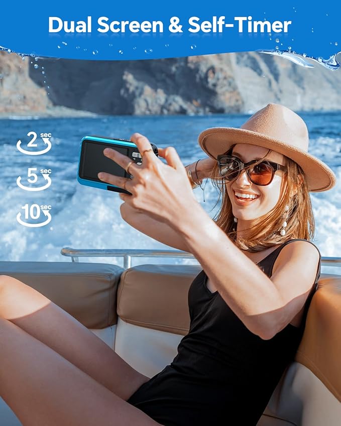 4K Underwater Camera Snorkeling 11FT Waterproof Camera 64MP Autofocus with 32GB Card Dual Screens Selfie 16X Zoom Floatable Compact Digital Camera Waterproof with 2 Batteries (Blue)