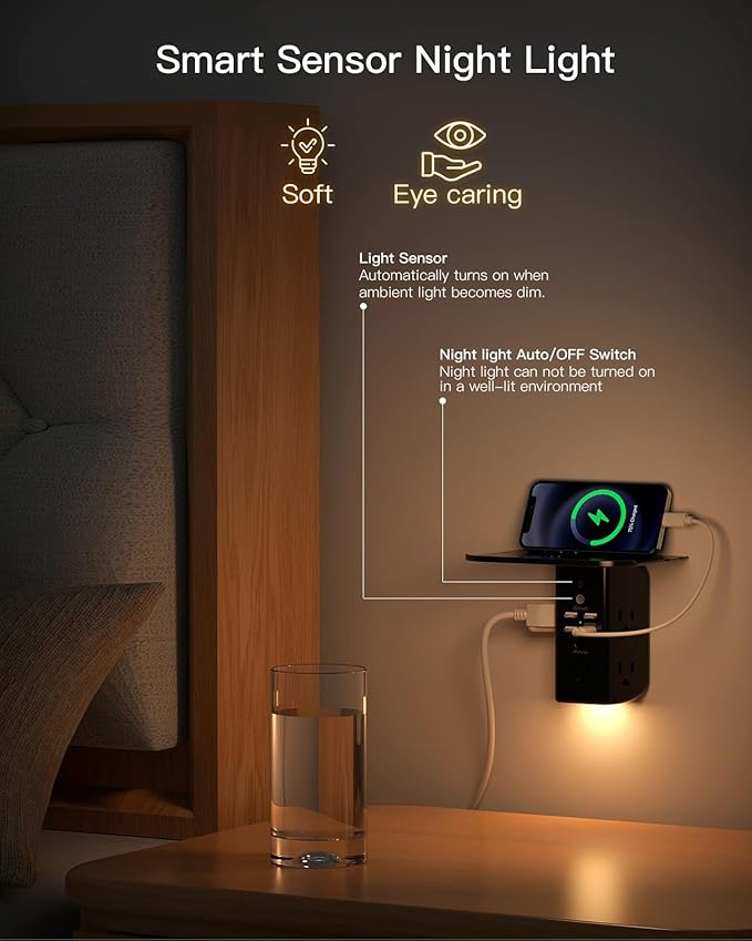 Wall Outlet Extender with Shelf and Night Light,Surge Protector,USB Wall Charger with 5 USB Outlets and 3 USB Ports 1 USB C Outlet