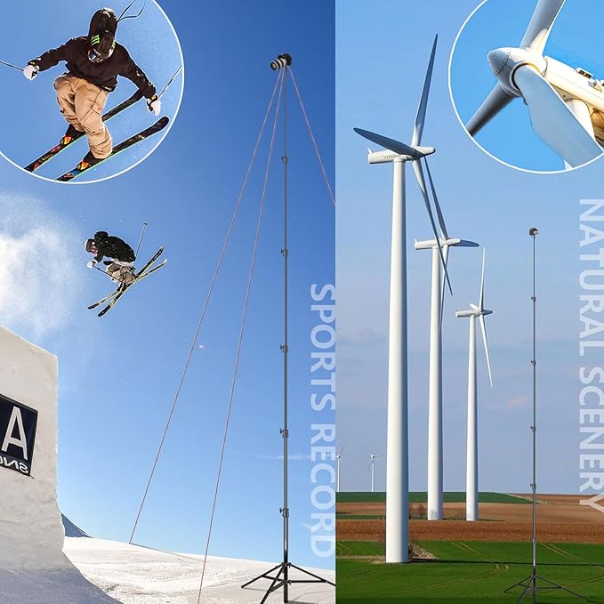 RAUBAY 24' Tall Tripod Stand, Extreme Tall Heavy Duty Sports Camera Video Tripod, Spring Telescoping Aluminium Alloy Large Light Stand with 1/4"& 3/8" Screw, Professional Sky High Tripod for Outside…