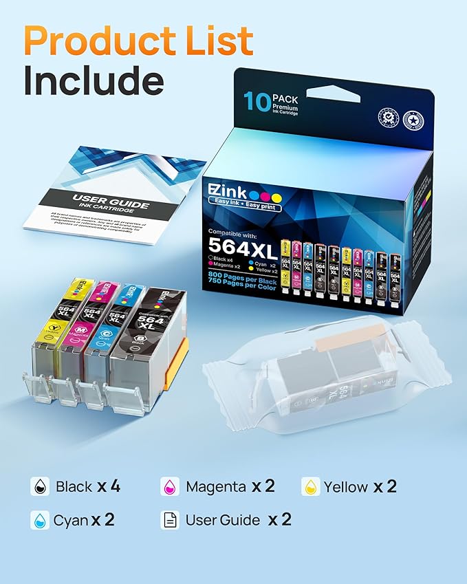 E-Z Ink Compatible 564xl Ink cartridges for hp Printers Replacement for hp 564 Ink cartridges Combo Pack for PhotoSmart 7520 7510 6510 6520 5520 7525 5514 DeskJet 3520 3522 OfficeJet 4620 (10Pack)