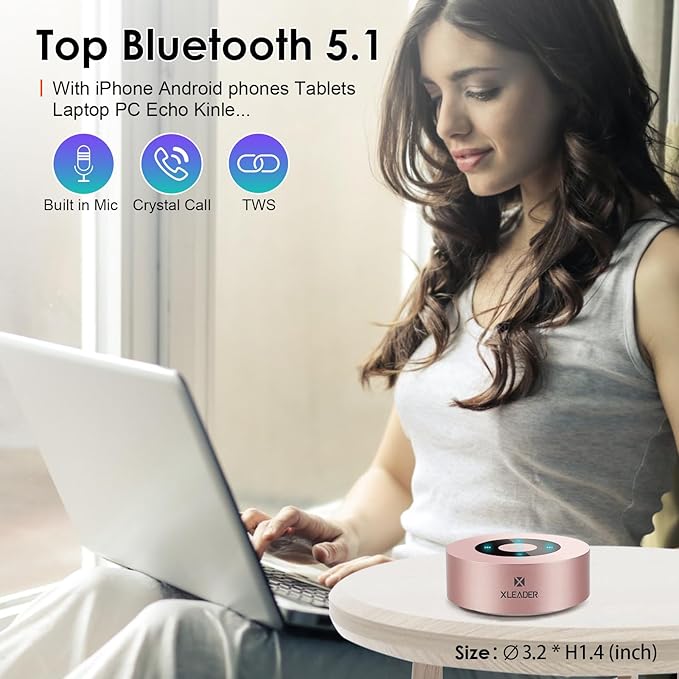 XLEADER Mini Bluetooth Speaker (Travel Case Provided) HD Sound&Rich Bass, Touch Design, 12-15H Playtime, Support Aux Input, Micro SD, Mic, for iPhone Laptop Shower Office, Ideal Gifts, Pink Rose Gold