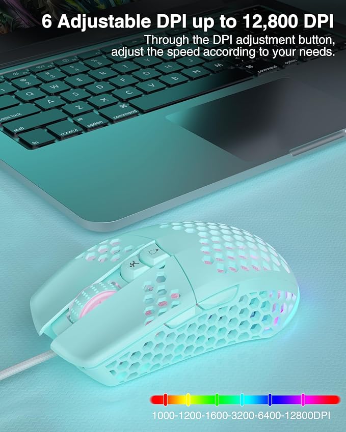 SM900 Green Wired Gaming Mouse with Honeycomb Shell,12800 DPI,7 Programmable Buttons,Lightweight Gaming Mice Ergonomic Computer Mouse Gaming for Windows/PC/Mac/Laptop Gamer