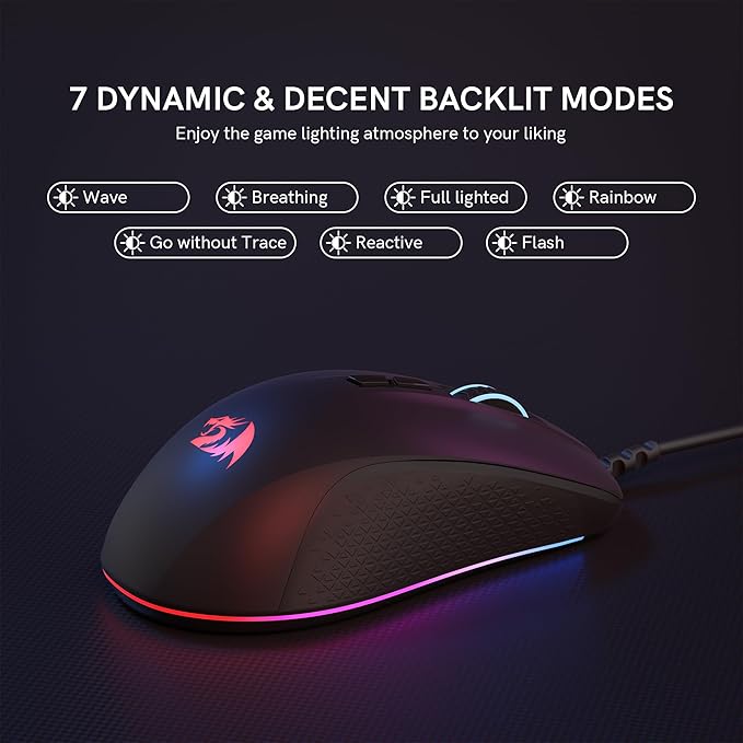 Redragon Wired Gaming Mouse, Black PC Gaming Mice with RGB Backlits, 7 Programmable Macro Buttons, Max 12800 DPI, 1000Hz Polling Rate, Cool Corded Optical Mouse for Computer/PC/Laptop/Gamer, M718-AIR